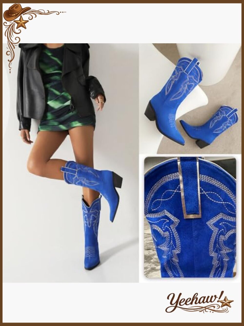 Western Cowboy Boots Women Embroidered Knee High Chunky Heel Pull-On Squaredrop - Picture 5 of 7